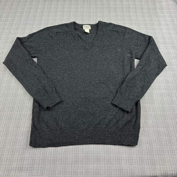 LL Bean Sweater‎ Mens Large Grey V Neck 100% Lambswool Pullover Preppy Classic - Picture 1 of 8